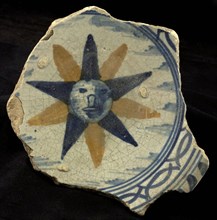 Fragment majolica plate, polychrome, two-colored ten-pointed star with face, plate crockery holder soil find ceramic earthenware