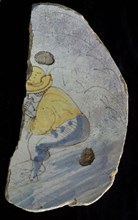 Fragment majolica scale, polychrome, sitting man playing flute, plate crockery holder soil find ceramics pottery glaze, baked