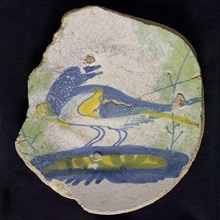 Fragment of the majolica dish, polychrome, bird on the ground, clouded trees, signed?, plate crockery holder soil find ceramics