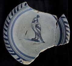 Majolica dish, blue on white ground, monochrome falcon with plumed hood, plate dish crockery holder soil find ceramics pottery
