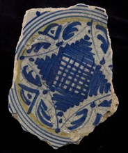Fragment majolica dish, yellow and blue on white, four-sided ground surface with brush strokes, plate crockery holder earth