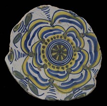 Fragment majolica dish, yellow, green and blue on white, with stylized rose (Tudor rose?), dish plate crockery holder earth