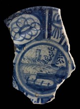 Fragment majolica dish, blue on white, landscape, edge in Wanli style, dish plate crockery holder earth discovery ceramics