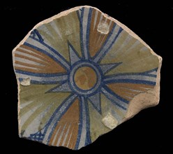 Fragment majolica dish, yellow, orange and blue on white, decor with stylized leaf motifs, dish plate crockery holder earth