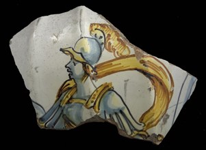 Fragments of large vase or goblet, yellow, orange and blue on white, warrior, ribs, vase jug crockery holder soil find ceramics