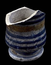 Fragment majolica albarello, ointment jar, on stand with polychrome ribbon decor, albarello holder soil find ceramic earthenware