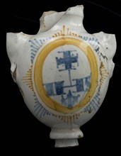 Faience altar vase, with polychrome medallion with halo, cross and IHS, altar vase vase tableware holder soil find ceramic