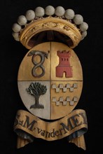 Carved wooden crowned coat of arms including the name S.M. Van der Mey, coat of arms information form wood carving sculpture