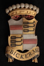 Carved wooden crowned coat of arms including the name L. Bicker. M.D, coat of arms informative form carvings sculpture sculpture