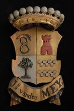 Carved wooden crowned coat of arms including the name Js. Van der Mey, coat of arms informative form carvings sculpture visual