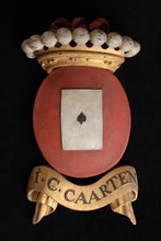 Carved wooden crowned coat of arms including the name I.G. Caarten, coat of arms informative form carvings sculpture sculpture