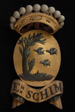 Carved wooden crowned coat of arms including the name Eh. Shim, coat of arms information form wood carving sculpture visual