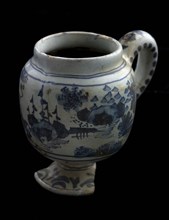 Faience mustard pot on stand foot with ear, blue on white, Chinese figure and landscape, mustard pot pot crockery holder soil