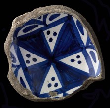 Fragment majolica plate, blue on white, square divided in eight, alternating blue and white, maltese cross, plate dish crockery