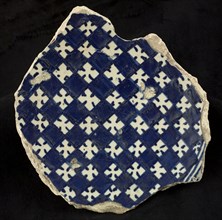 Fragment majolica plate, blue on white, chessplate decor, plate crockery holder soil find ceramic earthenware glaze, baked
