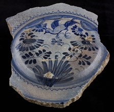 Fragment majolica pancake dish, blue on white, decor Chinese garden with bird and flowers, dish tableware holder soil find