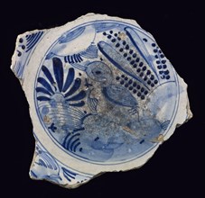 Fragment majolica dish, blue on white, Chinese garden with duck and flowers, dish crockery holder earth discovery ceramic