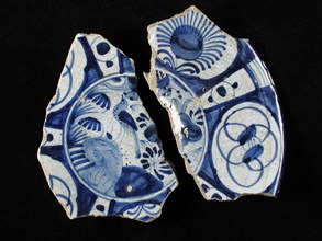 Two fragments of majolica dish, blue on white, bird in Chinese garden, signed, dish crockery holder soil find ceramic