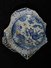 PPF, Fragment majolica dish, blue on white, bird in Chinese garden, signed?, dish crockery holder soil find ceramic earthenware