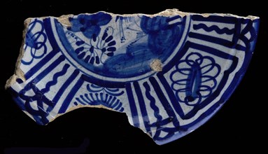 Fragment majolica dish, blue on white, Chinese garden and border in Wanli style, dish tableware holder earth discovery ceramics