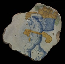 Fragment majolica dish, polychrome, chubby putto with fruit basket on the back, dish crockery holder soil find ceramic