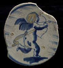 Fragment majolica dish, polychrome, cupid, amor or putto shooting with bow and arrow, dish crockery holder soil find ceramic