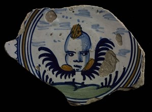 Fragment majolica plate, polychrome, winged cherub head, floating above ground, plate crockery holder soil find ceramic