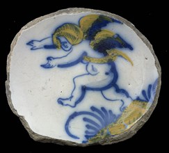 Fragment faience bowl, yellow and blue on white, putto standing on one leg, on ground, bowl plate crockery holder earth