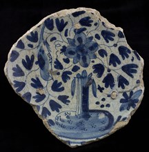 Fragment majolica dish, blue on white, flower vase and bird in Chinese style, dish tableware holder soil find ceramics pottery
