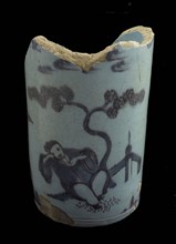 Fragment faience vase or jug, blue and purple on light blue, Chinese motifs, vase jug crockery holder soil find ceramic pottery