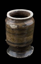 Albarello, ointment jar with polychrome decoration on stand foot, albarello holder soil find ceramic earthenware glaze lead