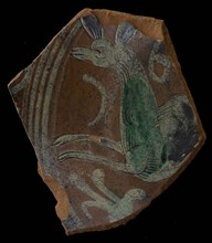 Fragment Werra bowl, mirror decor deer, year 16 ??, light yellow and green glaze, bowl crockery holder earth discovery ceramics