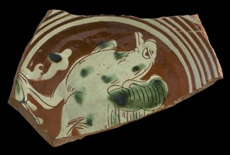 Bottom fragment Werra plate, mirror decor with bird, light yellow and green glaze, plate crockery holder earth discovery ceramic