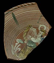 Fragment Werra plate, mirror decor with angel with harp, long dress, light yellow, ocher yellow, blue and green glaze, plate
