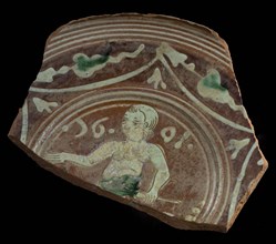 Fragment Werra plate, mirror decor paradise with Eve, year 1601, light yellow and green glaze, border decoration bows and leaves