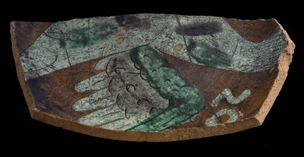 Fragment Werra plate, mirror decor bird, year 1620, light yellow and green glaze, plate crockery holder soil find ceramic