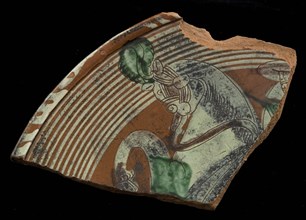 Border fragment Werra plate, mirrored horse with rider, light yellow and green glaze, plate crockery holder earth discovery