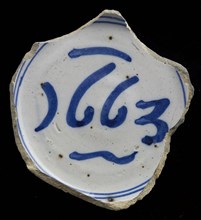 Fragment faience bowl with blue decoration on white ground, dated 1663, bowl crockery holder soil find ceramic earthenware glaze