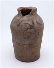 Pottery pot on stand, cylindrical with small neck opening, used in sugar production, sugar pot pot holder earth discovery
