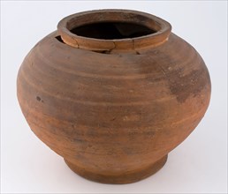 Earthenware storage jar on stand, egg-shaped, short upright neck, storage jar pot holder soil found ceramic earthenware, hand