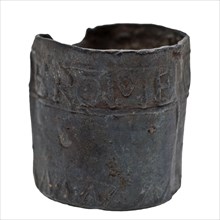 Small tin cup with ORVIETAN DE ROME, relic religious object holder souvenir soil find tin metal, cast Small cylindrical lead cup