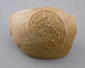 Fragments of stoneware jug, gray glazed, with cartouches, dated, jug crockery soil find ceramic stoneware glaze, hand turned