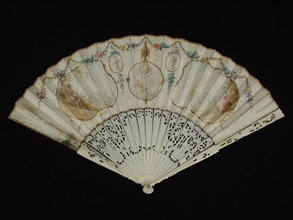 Folding fan with ivory frame and painted parchment leaf with rococo motifs, pastoral scene and chinoiserie, impeller folding