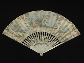 Folding fan with carved and painted ivory frame, both front and rear painted parchment leaf with lady and lord in landscape