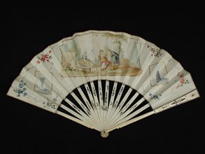Folding fan with bone frame with stylized motifs and metal foil, both front and back painted parchment sheet with lady and