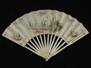 Folding fan with bone frame with stylized motifs, front and back multicolored painted parchment leaf with biblical