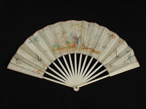 Folding fan with bone frame and multicolored painted paper cover and back cover with biblical representation, church fan folding