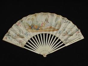 Folding fan with ivory frame and multicolored painted parchment cover page with biblical representation, Jacob and the ladder