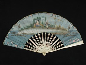 Folding fan with bone frame and two-sided multi-colored paper fan blade showing the gallant scene of lady and gentleman