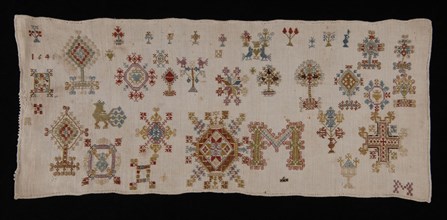 Small narrow sampler worked in cross stitch and braid stitch in colored silk on finely woven cream colored linen, marked 1641 M